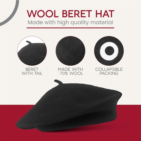 French Wool Beret Hat - Classic Stretchable - One Size Fits Most - Solid Color - - Picture 5 of 6